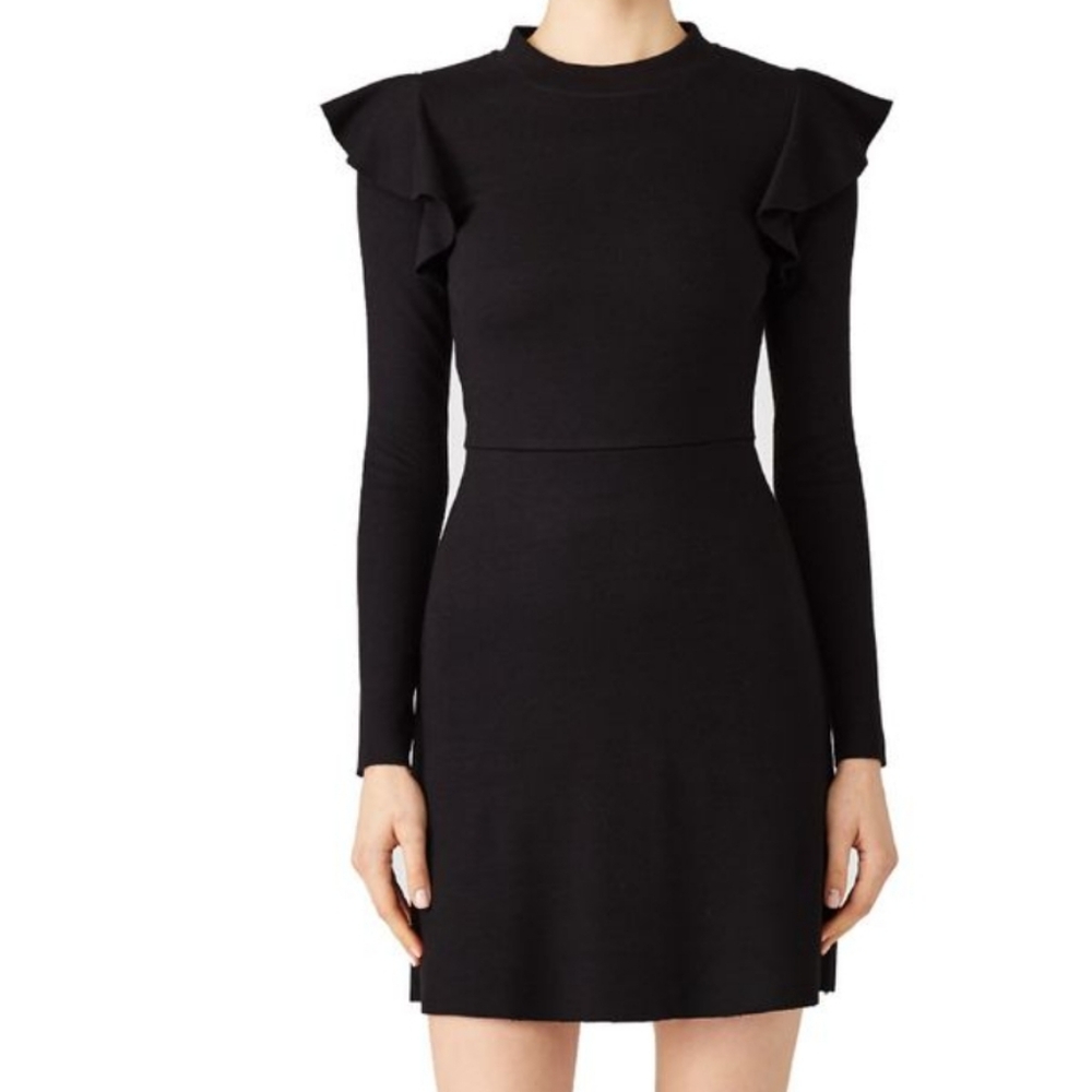 Anthropologie J.O.A. Sleek 10% Wool Raw Hem Ruffle Long Sleeve Dress Sz Medium
